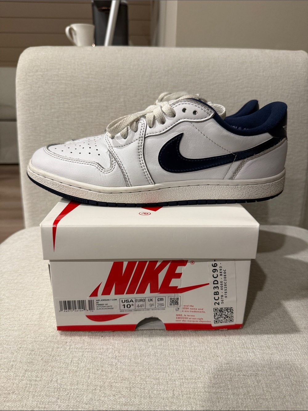 Nike Air Jordan 1 - metallic OG Low-Top White Sneakers with Navy Swoosh